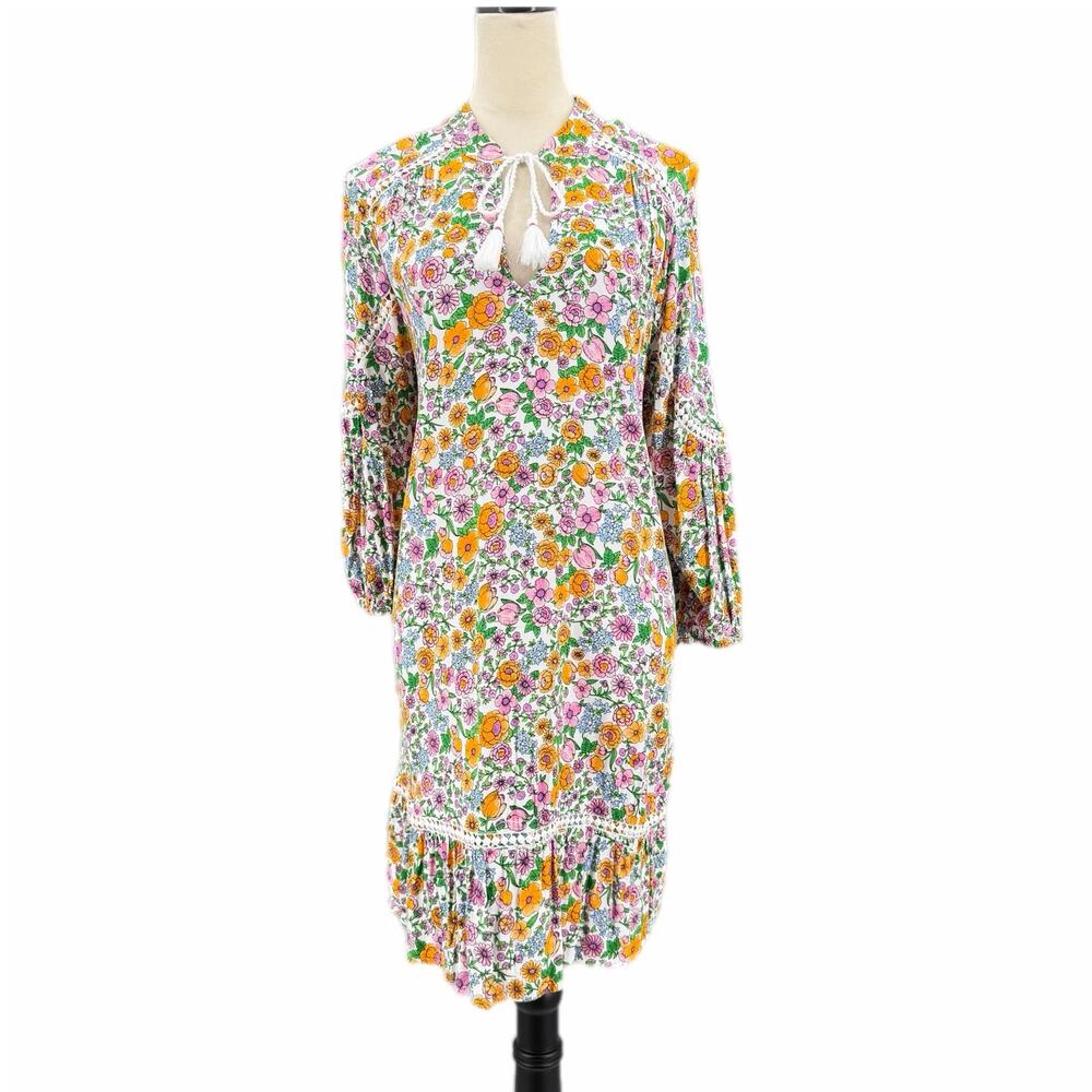 Crown & Ivy White Floral Multi Long Sleeve V-Neck Tie Detail Mini Shift Dress